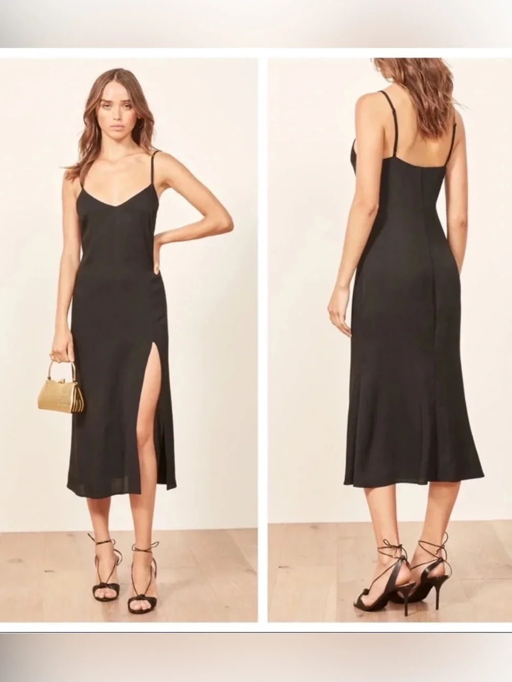 Reformation 6P Black Crimini V-Neck Side Leg Slit Midi Dress Chic Classic